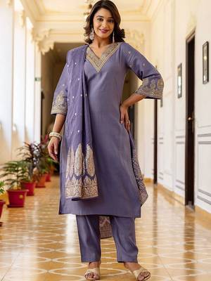 Women Ethnic Motifs Embroidered Regular Pure Silk Kurta with Trousers & With Dupatta 1