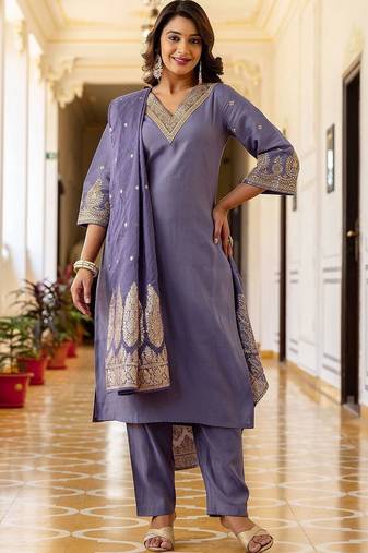 Women Ethnic Motifs Embroidered Regular Pure Silk Kurta with Trousers & With Dupatta