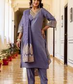 Women Ethnic Motifs Embroidered Regular Pure Silk Kurta with Trousers & With Dupatta