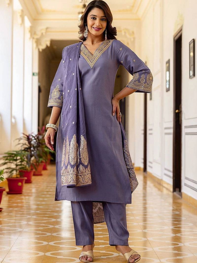 Women Ethnic Motifs Embroidered Regular Pure Silk Kurta with Trousers & With Dupatta