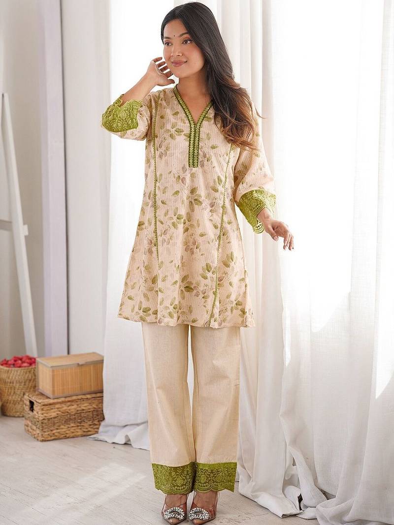 Embroidered Light Peach Viscose Rayon Co Ords for Women