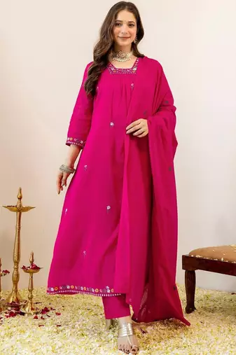 Women Embroidered Regular Kurta with Trousers & With Dupatta