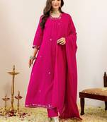 Women Embroidered Regular Kurta with Trousers & With Dupatta