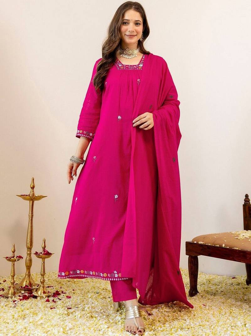 Women Embroidered Regular Kurta with Trousers & With Dupatta
