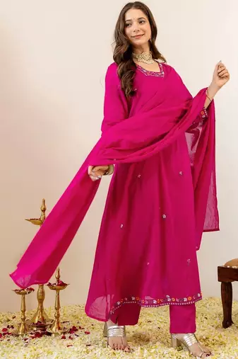 Women Embroidered Regular Kurta with Trousers & With Dupatta