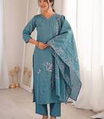 Women Embroidered Regular Kurta with Trousers & With Dupatta