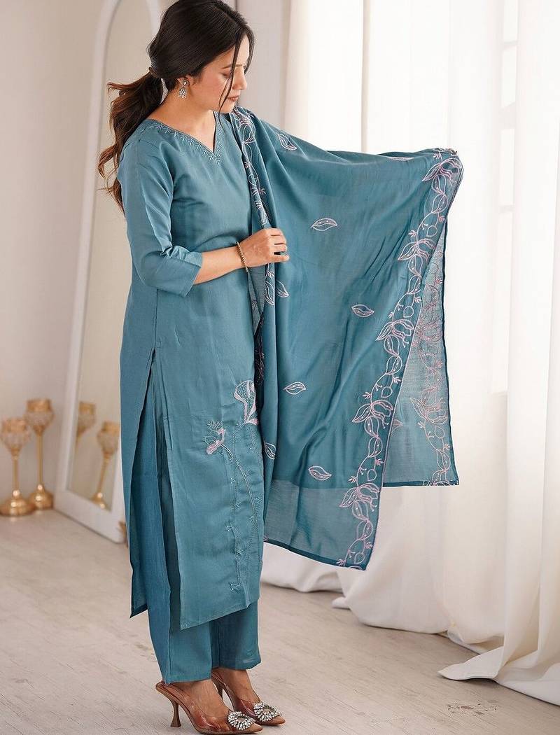 Women Embroidered Regular Kurta with Trousers & With Dupatta
