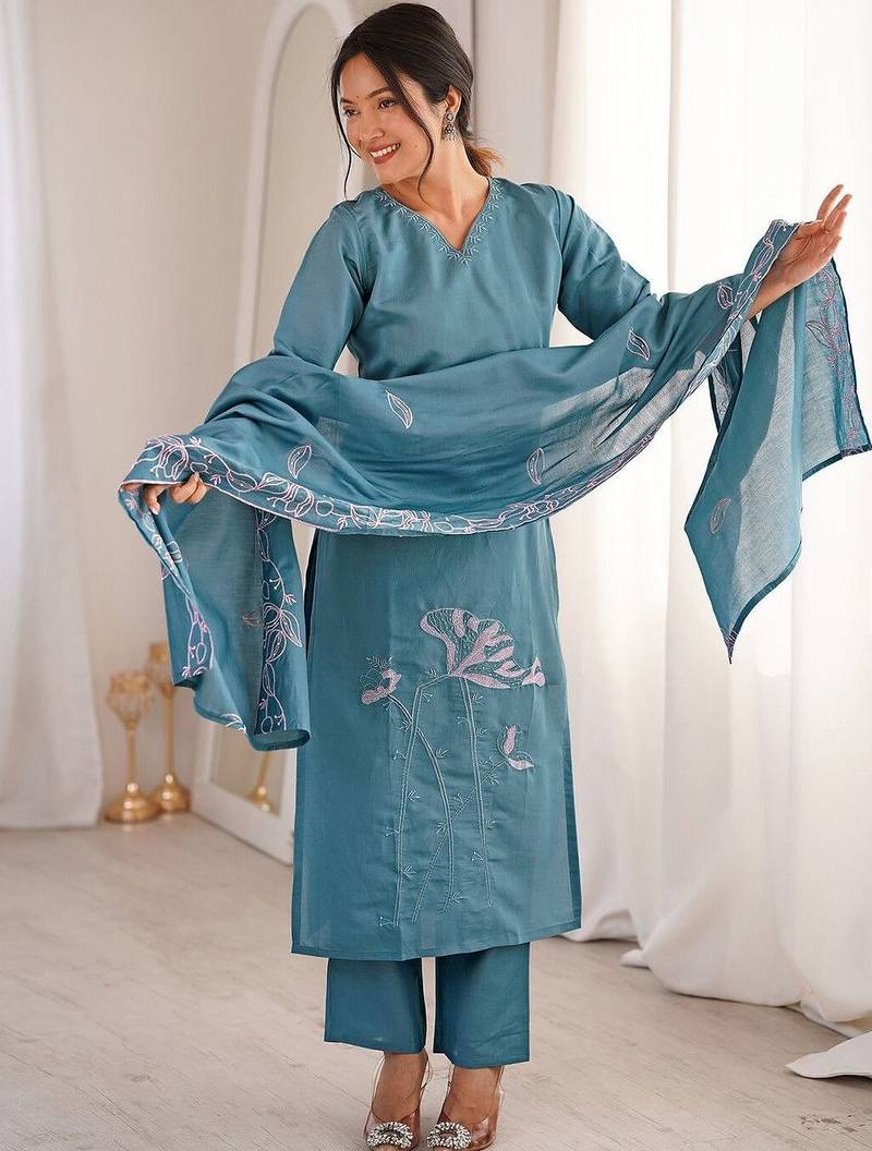 Women Embroidered Regular Kurta with Trousers & With Dupatta