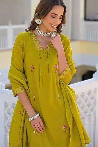 Women Embroidered Regular Pure Cotton Kurta with Pyjamas & With Dupatta