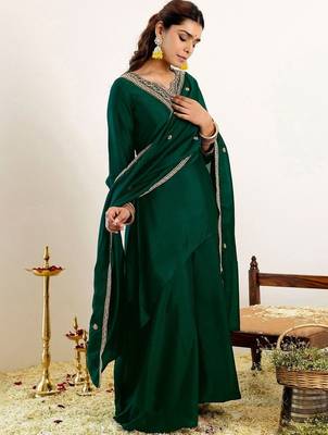 Women Ethnic Motifs Embroidered Regular Kurta with Palazzos & With Dupatta 3