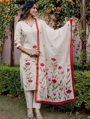 Women Floral Embroidered Regular Thread Work Pure Cotton Kurta with Trousers & With Dupatta 1