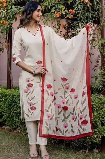 Women Floral Embroidered Regular Thread Work Pure Cotton Kurta with Trousers & With Dupatta