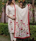 Women Floral Embroidered Regular Thread Work Pure Cotton Kurta with Trousers & With Dupatta