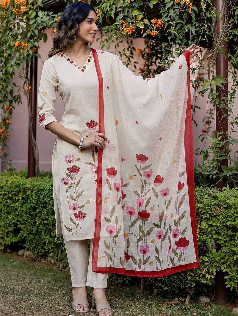 Women Floral Embroidered Regular Thread Work Pure Cotton Kurta with Trousers & With Dupatta