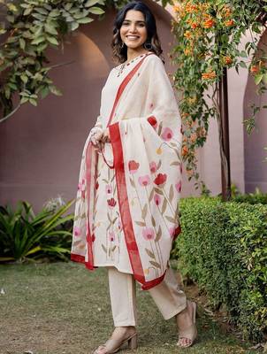 Women Floral Embroidered Regular Thread Work Pure Cotton Kurta with Trousers & With Dupatta 6