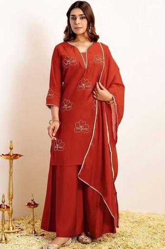 Women Floral Embroidered Regular Thread Work Kurta with Palazzos & With Dupatta
