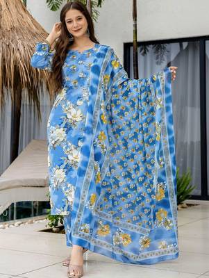 Women Floral Printed Regular Kurta with Trousers & With Dupatta 7