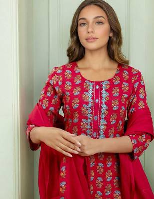 Women Ethnic Motifs Printed Straight Kurta with Trousers & Dupatta 2
