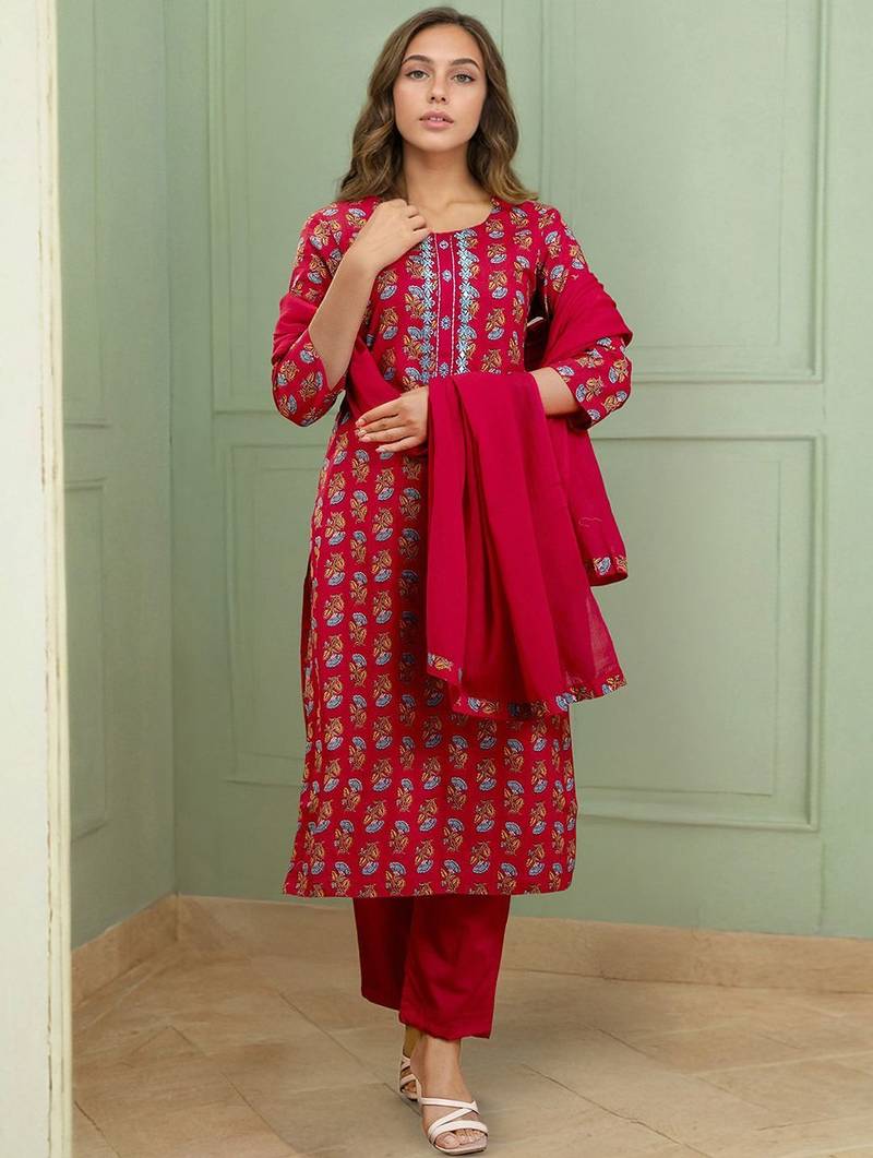 Women Ethnic Motifs Printed Straight Kurta with Trousers & Dupatta