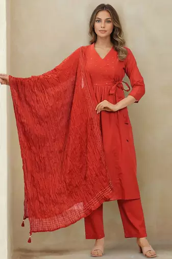 Floral Self Design V-Neck Anarkali Kurta With Trousers & Dupatta