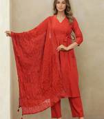 Floral Self Design V-Neck Anarkali Kurta With Trousers & Dupatta