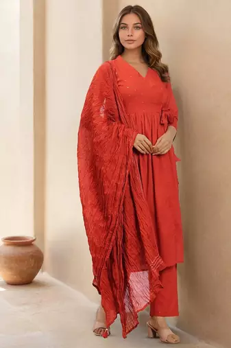 Floral Self Design V-Neck Anarkali Kurta With Trousers & Dupatta