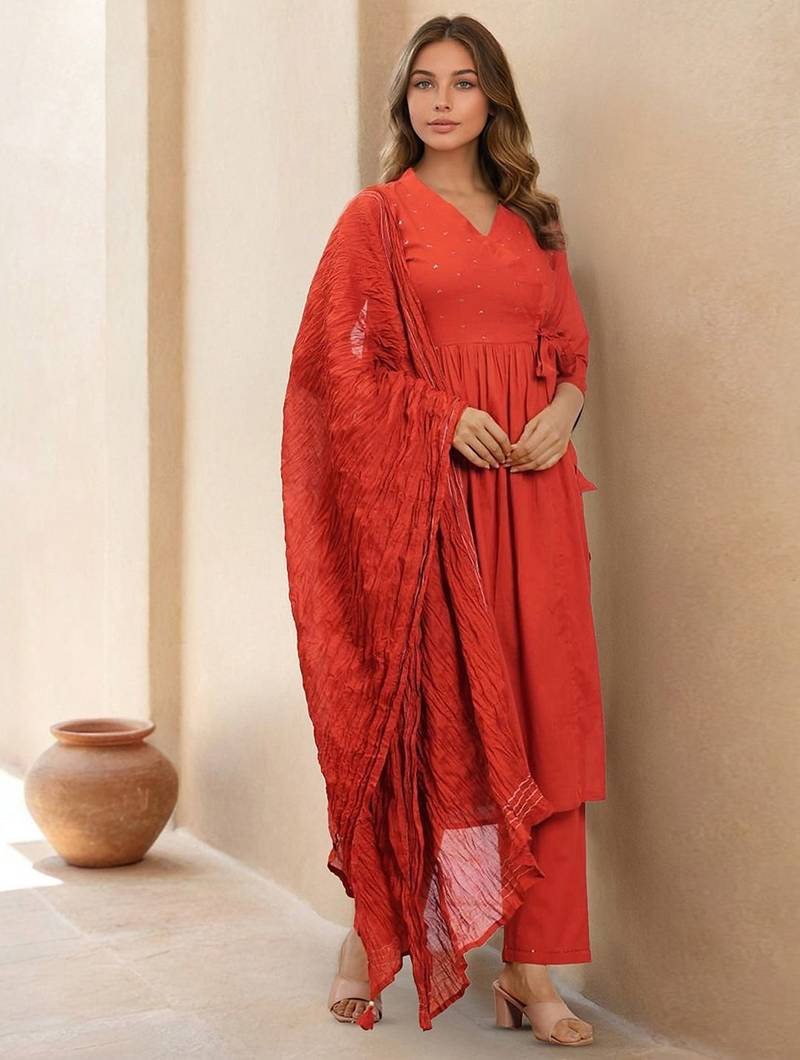Floral Self Design V-Neck Anarkali Kurta With Trousers & Dupatta