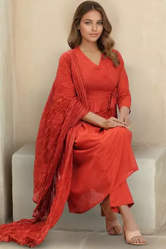 Floral Self Design V-Neck Anarkali Kurta With Trousers & Dupatta