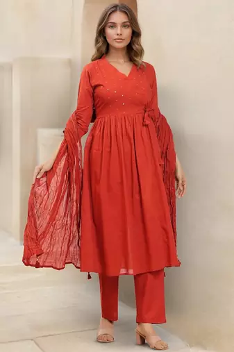 Floral Self Design V-Neck Anarkali Kurta With Trousers & Dupatta