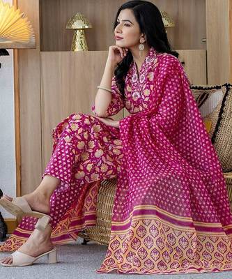 Women Floral Printed Regular Sequinned Kurta with Trousers & With Dupatta 5