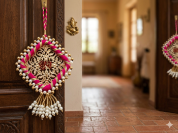 Handmade Shubh Labh Shape Pearl Beads Hanging with Red Embossed Design Pink Thread Work Home Wall Hanging (Pack of 2) 1