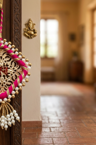 Handmade Shubh Labh Shape Pearl Beads Hanging with Red Embossed Design Pink Thread Work Home Wall Hanging (Pack of 2)