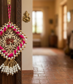 Handmade Shubh Labh Shape Pearl Beads Hanging with Red Embossed Design Pink Thread Work Home Wall Hanging (Pack of 2)