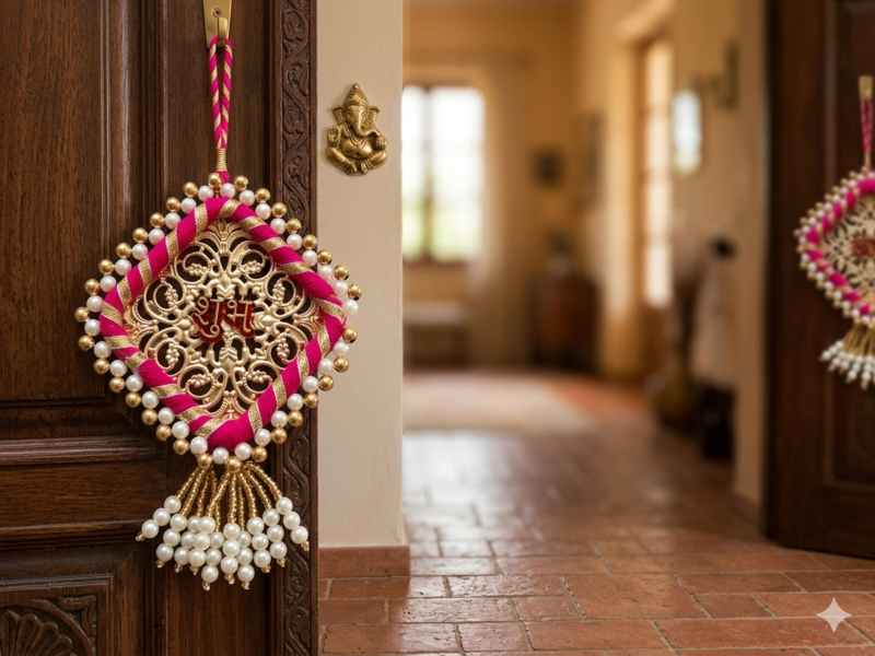 Handmade Shubh Labh Shape Pearl Beads Hanging with Red Embossed Design Pink Thread Work Home Wall Hanging (Pack of 2)