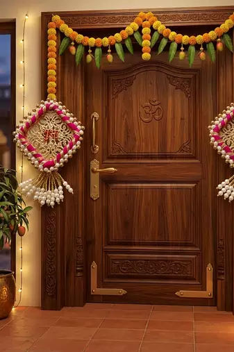 Handmade Shubh Labh Shape Pearl Beads Hanging with Red Embossed Design Pink Thread Work Home Wall Hanging (Pack of 2)