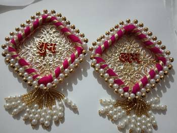 Handmade Shubh Labh Shape Pearl Beads Hanging with Red Embossed Design Pink Thread Work Home Wall Hanging (Pack of 2) 3