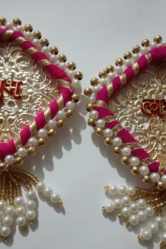 Handmade Shubh Labh Shape Pearl Beads Hanging with Red Embossed Design Pink Thread Work Home Wall Hanging (Pack of 2)
