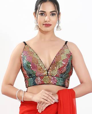 Women's sequence padded back open sleeveless saree blouse 1