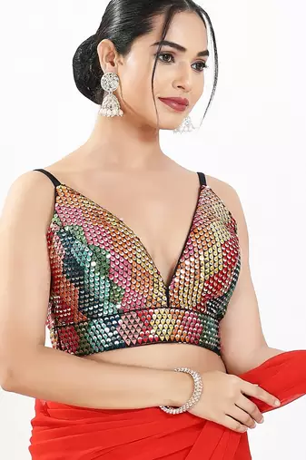 Women's sequence padded back open sleeveless saree blouse