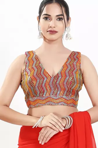 Women's silk padded back open sleeveless saree blouse