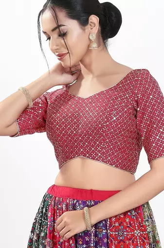 Women's silk padded back open elbow sleeves saree blouse
