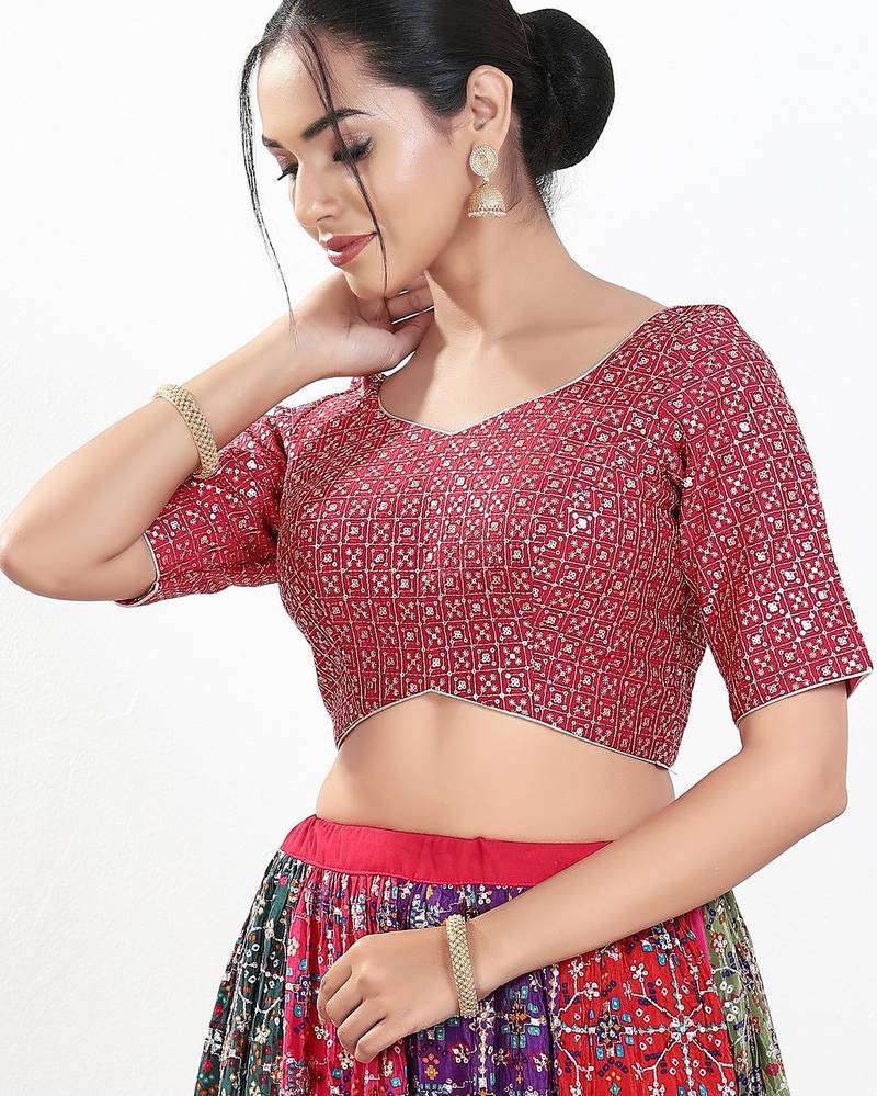 Women's silk padded back open elbow sleeves saree blouse