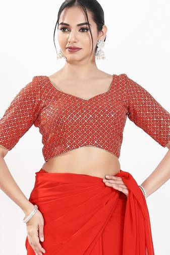 Women's silk padded back open elbow sleeves saree blouse