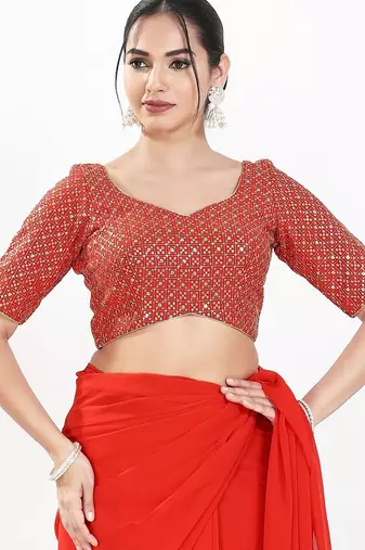 Women's silk padded back open elbow sleeves saree blouse