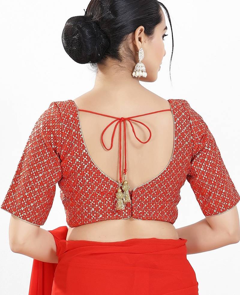 Women's silk padded back open elbow sleeves saree blouse