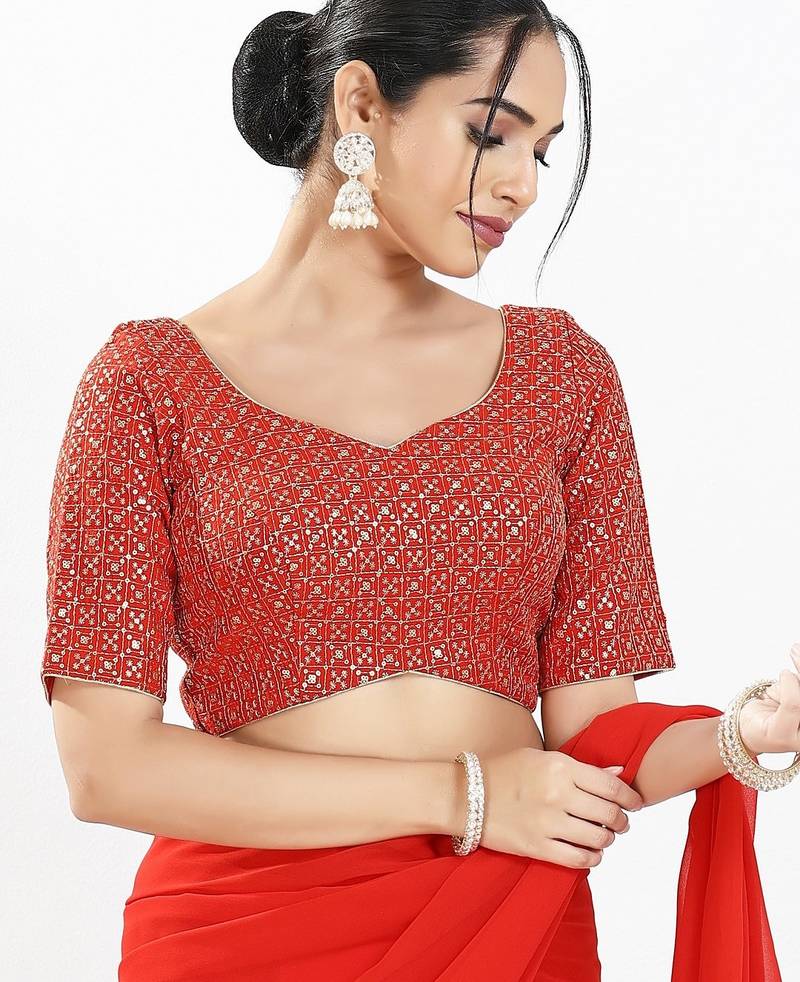 Women's silk padded back open elbow sleeves saree blouse