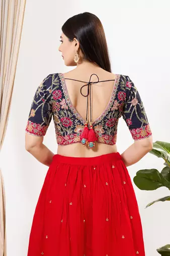 Women's silk padded back open elbow sleeves saree blouse