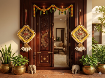 Handmade Shubh Labh Hanging with Yellow Pink Thread Work Traditional Home Wall Hanging (Pack of 2) 1