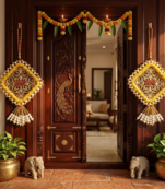 Handmade Shubh Labh Hanging with Yellow Pink Thread Work Traditional Home Wall Hanging (Pack of 2)