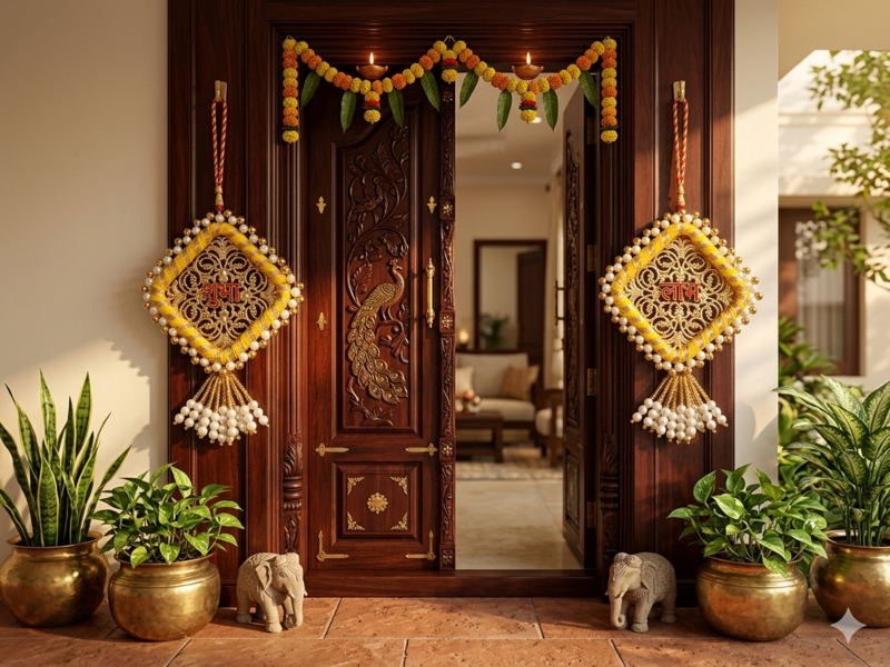 Handmade Shubh Labh Hanging with Yellow Pink Thread Work Traditional Home Wall Hanging (Pack of 2)